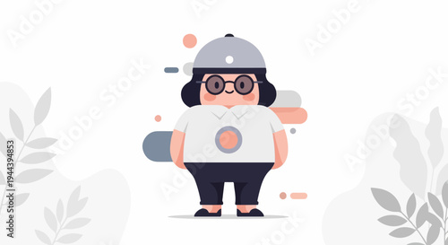 Chubby character in a hat, glasses, and t-shirt, surrounded by abstract shapes and plants
