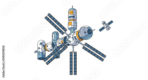 A large, intricate space station with multiple modules and expansive blue solar panels floats against a white background with a smaller satellite nearby.