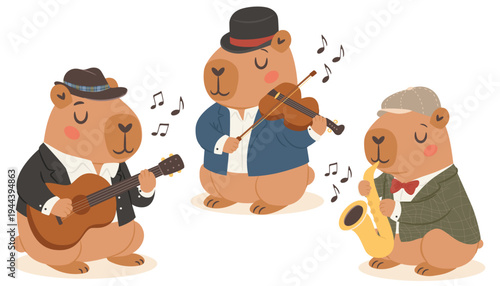 Cute cartoon oldschool capybaras jazz band set