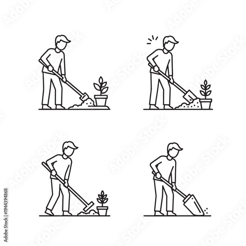 A set of four line art icons depicting a person engaged in various gardening activities like digging, planting, and raking soil.