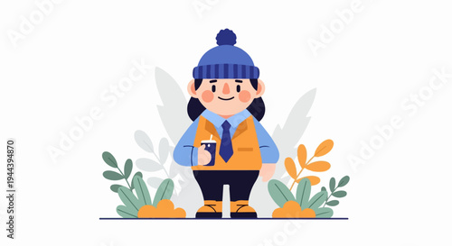 A cartoon figure in winter attire holds a drink amidst stylized foliage