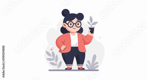 Cartoon character with glasses, coral jacket, dark pants, holding a small potted plant