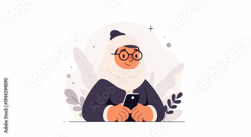 A person wearing a hijab and glasses smiles while holding a smartphone