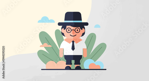 Cheerful cartoon man in a hat and glasses stands amidst lush foliage and soft clouds