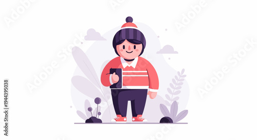 A cute, stylized character in a hat and sweater holding a tablet amidst a minimalist, abstract background