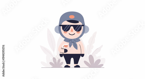 Animated character in a hat and sunglasses, holding a drink