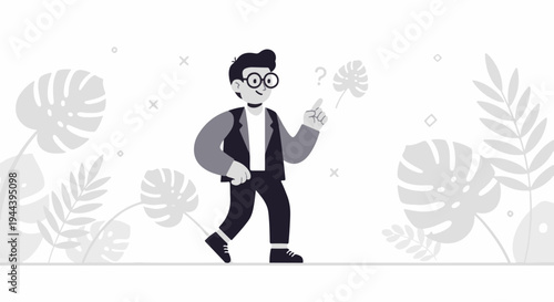 Stylized man in glasses walks among tropical leaves, a question mark above his head