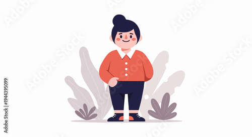 A cheerful, simple cartoon figure stands amidst stylized plants, with a dark bun hairstyle and rosy cheeks