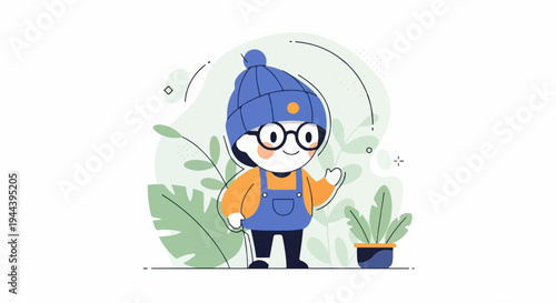 Cute character with glasses and blue hat waving among green plants