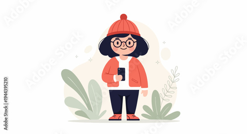Illustrated young person in beanie and glasses holds phone amid stylized plants
