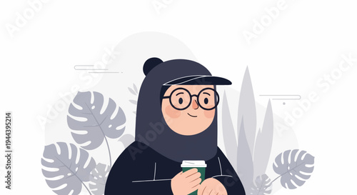 Person wearing glasses and hijab, holding a coffee cup, with plants