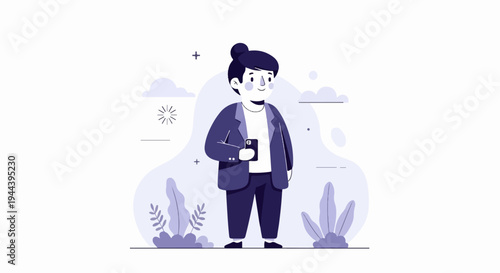 Stylized illustration of a person in business casual attire holding a smartphone