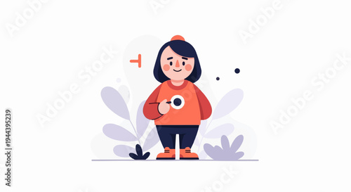 A cheerful cartoon child in an orange top, dark pants, and boots, holding a stick