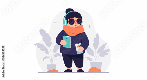 A person with headphones, sunglasses, scarf, and books, standing between potted plants