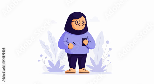A cartoon person wearing a hijab and glasses, holding a phone and pen amidst stylized plants
