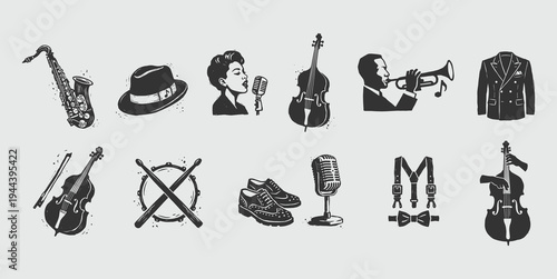 Vintage Jazz and Swing Era Icon Set for Retro Music Branding