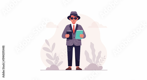 A mysterious figure in a hat and sunglasses holds two books, dressed formally with a tie