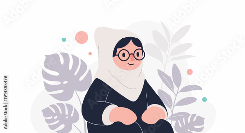 A cheerful, bespectacled person in a hijab sits amidst stylized foliage and abstract dots