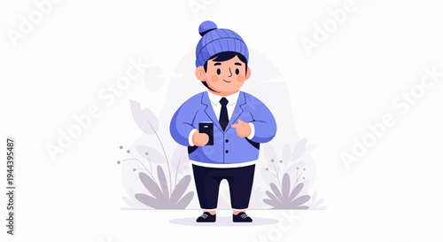 A cartoon person in a blue suit, tie, and beanie holds a phone