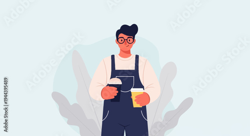 Friendly barista wearing glasses and overalls, holding two takeaway coffee cups