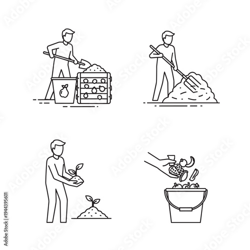 Line art illustrations depicting the process of composting organic waste and planting seedlings, showing sustainable gardening practices.