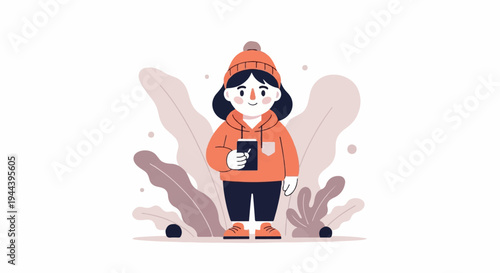 A cheerful young person in an orange hoodie and beanie holds a smartphone, surrounded by abstract leaf shapes