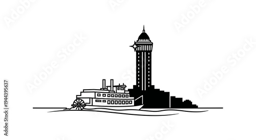 Vintage Paddle Steamer Boat Near Iconic Lighthouse Tower Landmark