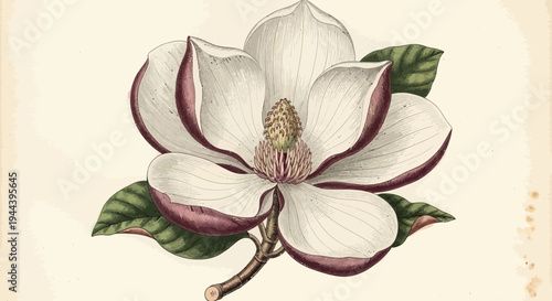Vintage Magnolia Flower Illustration: Botanical Art, Elegant White Bloom with Pink Edges
