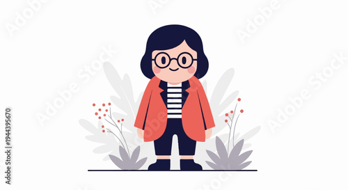 A cheerful cartoon woman in glasses and an orange jacket stands amidst stylized plants