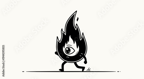 Walking Fire Character with Eye, Cartoon Style, Black and White