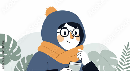 A person wearing a hooded jacket, scarf, and glasses, holding a phone