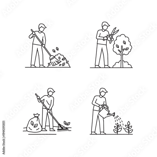 Four line art illustrations depicting various gardening activities like raking leaves, pruning trees, and watering plants, showcasing outdoor yard work.