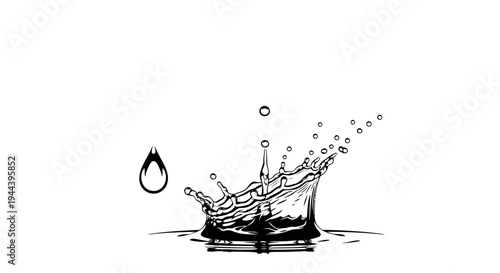 Water Drop Splash Crown Effect With Ripples and Droplets, Black and White Line Art