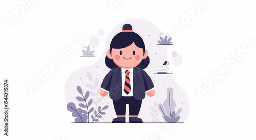 Minimalist cartoon person in suit with tie, surrounded by stylized plants and small decorative elements