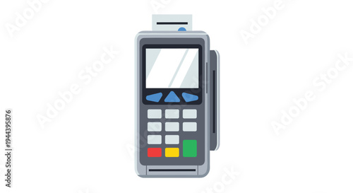 A modern gray and black point-of-sale terminal with a white screen and colorful buttons is positioned centrally on a pristine white background.