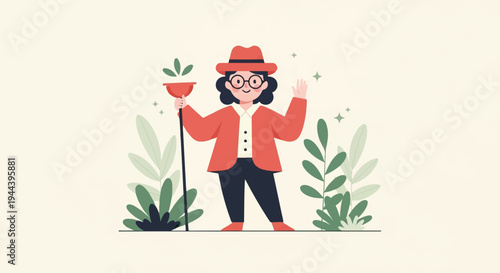 Cheerful woman in a hat and glasses, holding a plunger and waving amidst plants