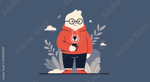 A stylized character in a red hoodie holds a mug