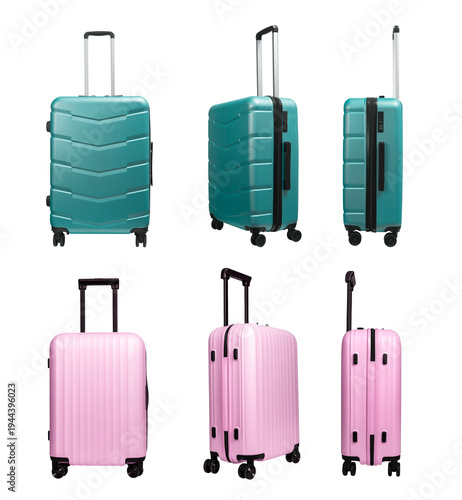 Green and pink travel bags set, suitcases on wheels, flight baggage, plastic luggage from different sides, isolated on white.