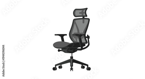 A contemporary, dark gray ergonomic office chair with a mesh backrest and five caster wheels is displayed in side profile.