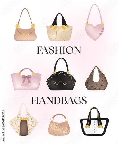 Illustration of fashionable bags on a white and pink background.