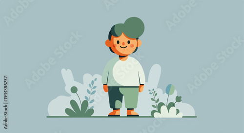 A cheerful, round-faced child stands amidst stylized foliage and abstract shapes