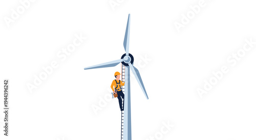 A worker in a yellow hard hat and safety harness is actively climbing a ladder on a large, three-bladed wind turbine.