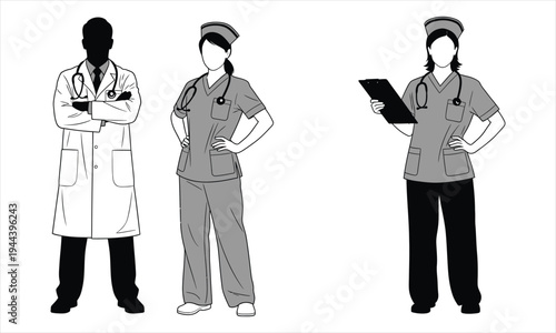 Medical professionals in scrubs and lab coat standing isolated on white background