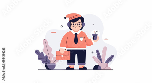 Business professional in festive hat, holding coffee and briefcase amidst plants
