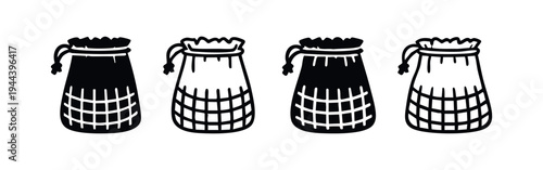 Woven Basket or Drawstring Pouch Icon Set - Storage Container and Handicraft Bag Vector Symbols