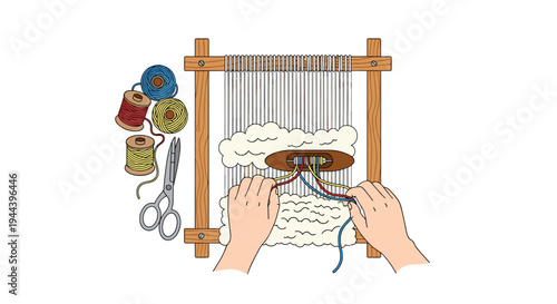 A pair of hands is actively engaged in weaving on a small wooden loom, creating textured fabric with colorful threads.