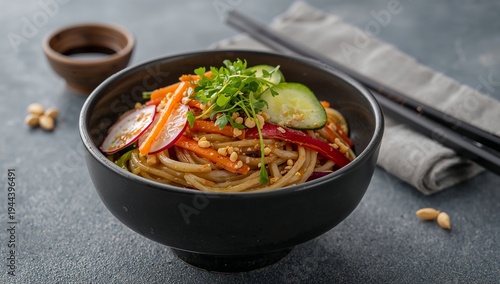 Cold soba noodle salad with fresh vegetables, chilled buckwheat noodles tossed with light savory dressing, vibrant colors and refreshing Japanese-style dish presentation
