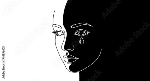Split Face Woman Crying Black and White Contrast Emotional Sadness Line Art