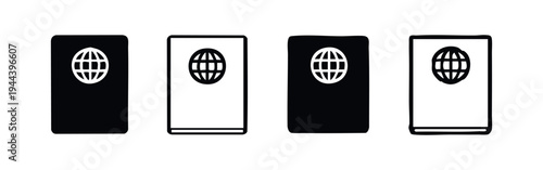 Passport with globe travel icon set in filled and outline styles