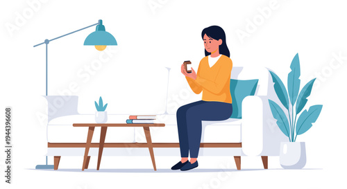 A woman in a yellow sweater sits on a white sofa, intently examining a small brown jar in a cozy living room setting.